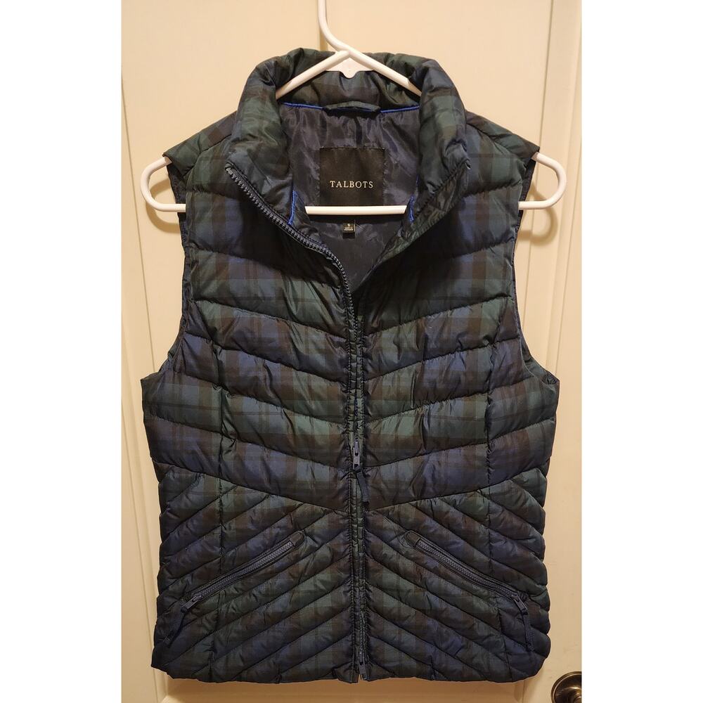 Talbots Black Watch Plaid Chevron Quilted Puffer Vest Sm